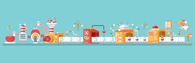 horizontal illustration of isolated conveyor to create love potion celebrate Happy Valentines Day in flat style