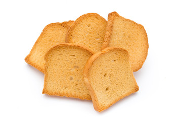 Slices of toast bread on wooden table, top view.