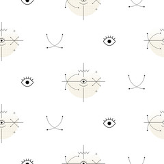 Sacred geometry shapes seamless vector pattern. Abstract figures with axis arrows and eyes background.