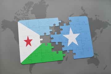 puzzle with the national flag of djibouti and somalia on a world map