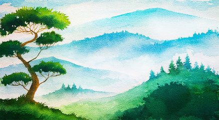 Watercolor summer landscape. Tree and mountains. - 131143609