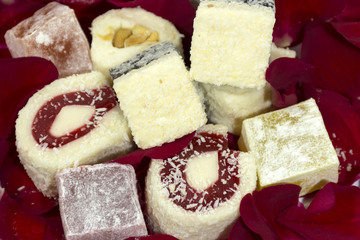 candy, jelly, sprinkled with coconut, red roses, dessert
