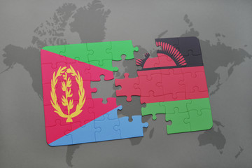 puzzle with the national flag of eritrea and malawi on a world map