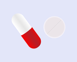 Drugs and Pills on blue background.Vector Illustration of capsule and tablet.