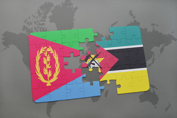 puzzle with the national flag of eritrea and mozambique on a world map