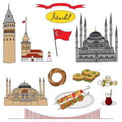 Colorful Istanbul tourist isolated object vector set