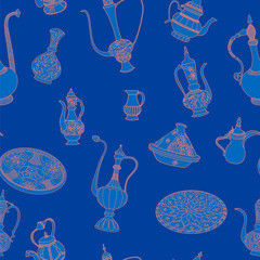 Seamless blue and pink vector pattern of arabic crockery.