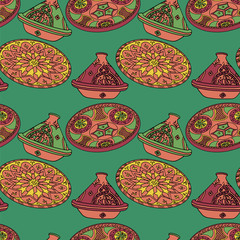 Vector red and green seamless pattern of arabic crockery.