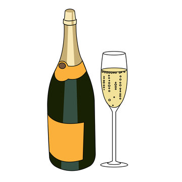 Bottle of a sparkling wine and glass of champagne isolated vector illustration.