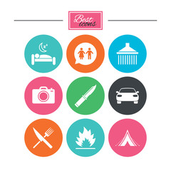 Hiking trip icons. Camping, shower and toilet.