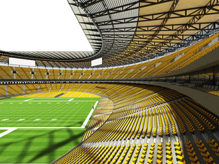 3D render of a round football stadium with yellow seats for hundred thousand fans