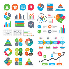 Happy new year sign. Christmas tree and gift box.