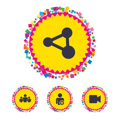 Group of people and share icons. Video camera.