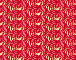 Be my valentine, text on a red background. Gift Wrapping Paper. Abstract background with letters and hearts. Vector illustration