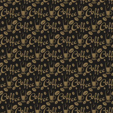 Fototapeta Coffee text on a black background. Good for Wrapping Paper. Abstract background with letters and coffee. Vector illustration