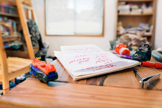 Teenage Boy's Messy Room. Tilt Shift Lens, With Focus On Notebook