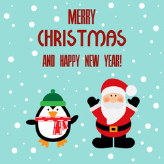 Vector illustration of a Santa and penguin with text merry christmas and happy new year on a snow background