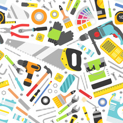Construction tools vector icons seamless pattern. Hand equipment background in flat style.