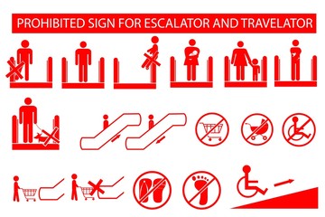 Set of Prohibited Sign at Escalator or Travelator Isolated on White

