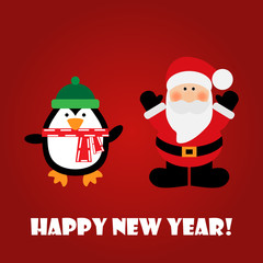 Fototapeta na wymiar Vector illustration of a Santa and penguin with text happy new year on a red background