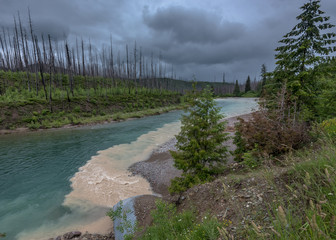 Muddy Water Flows into Clear Blue Creek on Rainy Day