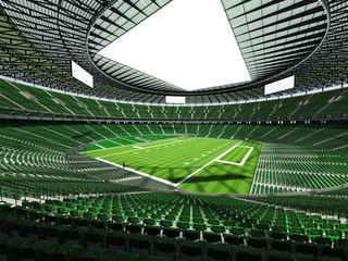 3D render of a round football stadium with green seats for hundred thousand spectators