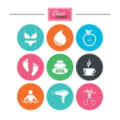 Spa, hairdressing icons. Swimming pool sign.