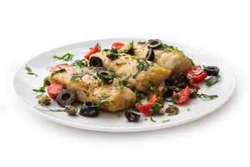 Filetti di merluzzo alla mediterranea, boiled cod fillets with black olives, capers and tomatoes