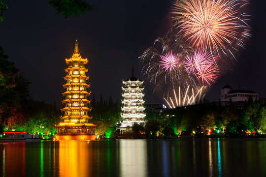 Fototapeta Fireworks over Two towers of Guilin China