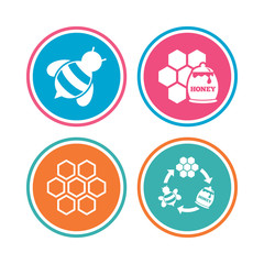 Honey icon. Honeycomb cells with bees symbol.