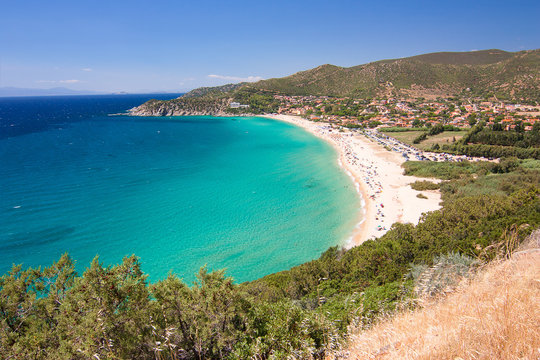 Aerial view on the beach Solanas in the province Sinnai in Sardinia, Italy.