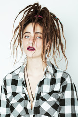 real caucasian woman with dreadlocks hairstyle funny cheerful fa