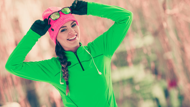 Woman Fit Sport Model Training Outdoor On Cold Day