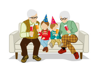 Grandparents and grandchildren sit on the sofa