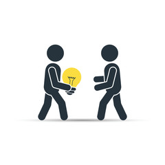 Man gives the other person an idea light bulb, vector simple business concept illustration.
