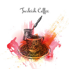Turkish Coffee watercolor effect illustration.