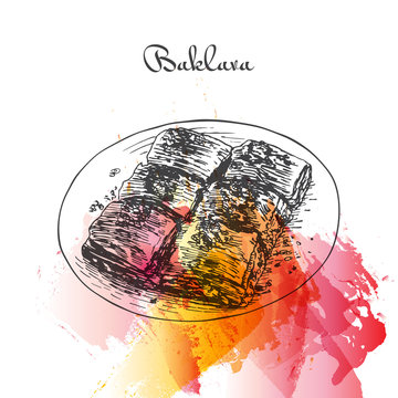Baklava watercolor effect illustration.