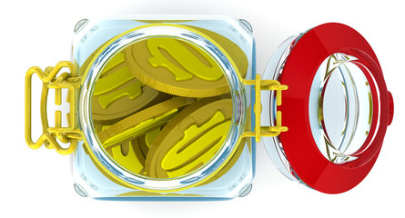 Piggy bank with American dollar coins. Glass Jar for canning with a coins of the US dollar on a white surface