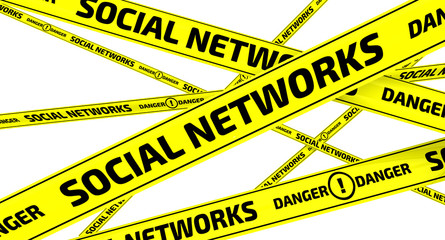 Social networks. Danger. Yellow warning tapes
