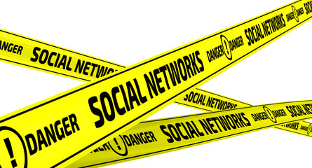 Social networks. Danger. Yellow warning tapes