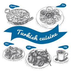 Monochrome vector illustration of Turkish cuisine.