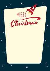 Vector retro styled background with a text "Merry Christmas" and Santa Claus flying in a red space rocket. Vertical format A4/A3. Place for text.