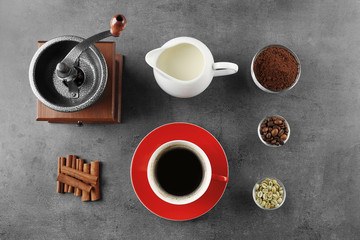 Obraz na płótnie Canvas Things for preparing coffee on grey background