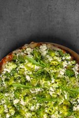 Vegetarian Italian pizza with cheese and vegetables on color background