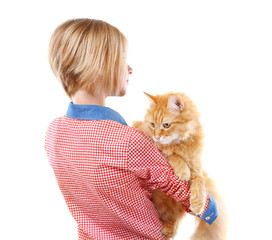 Cute little girl holding red fluffy cat isolated on white