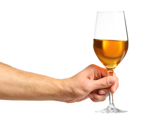 Male hand holding glass with wine on white background