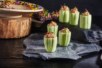 Spicy minced pork salad and sticky rice, Thai food 