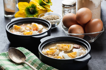 The sour soup made of rye flour with eggs