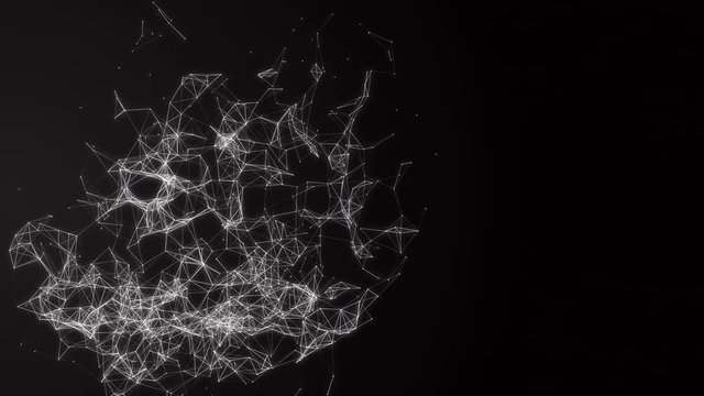 Polygonal structure, abstract geometry shape. 3D animation of cube made of lines and dots exploding with ray of light. Seamless loop
