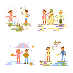 Set with babies. Different weather. Flat design, boy and girl four seasons. autumn, winter, spring, summer. Cartoon characters, illustration vector eps10